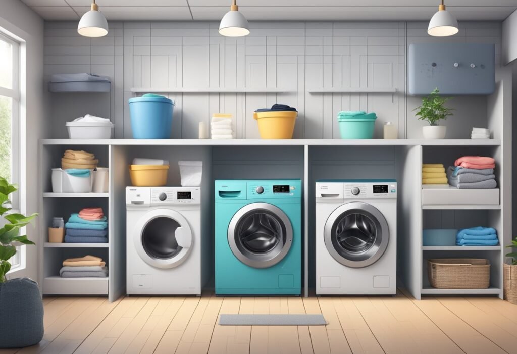 A smart washing machine with a high price tag, surrounded by other traditional washing machines, highlighting the initial cost disadvantage