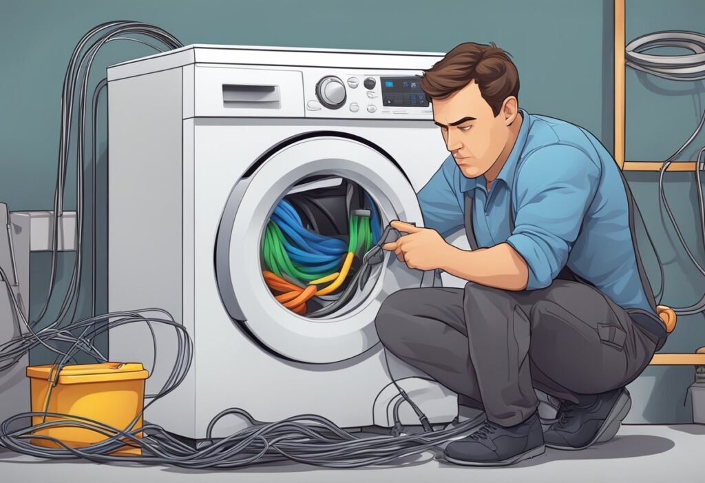 A smart washing machine with tangled wires and a frustrated repair technician