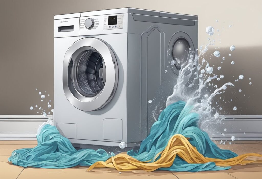 A smart washing machine malfunctioning, with water overflowing and clothes tangled inside