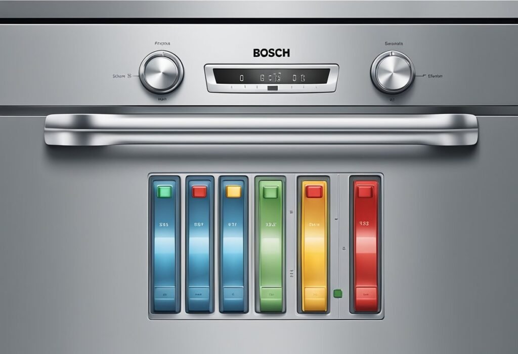 A Bosch dishwasher control panel with malfunctioning buttons and lights