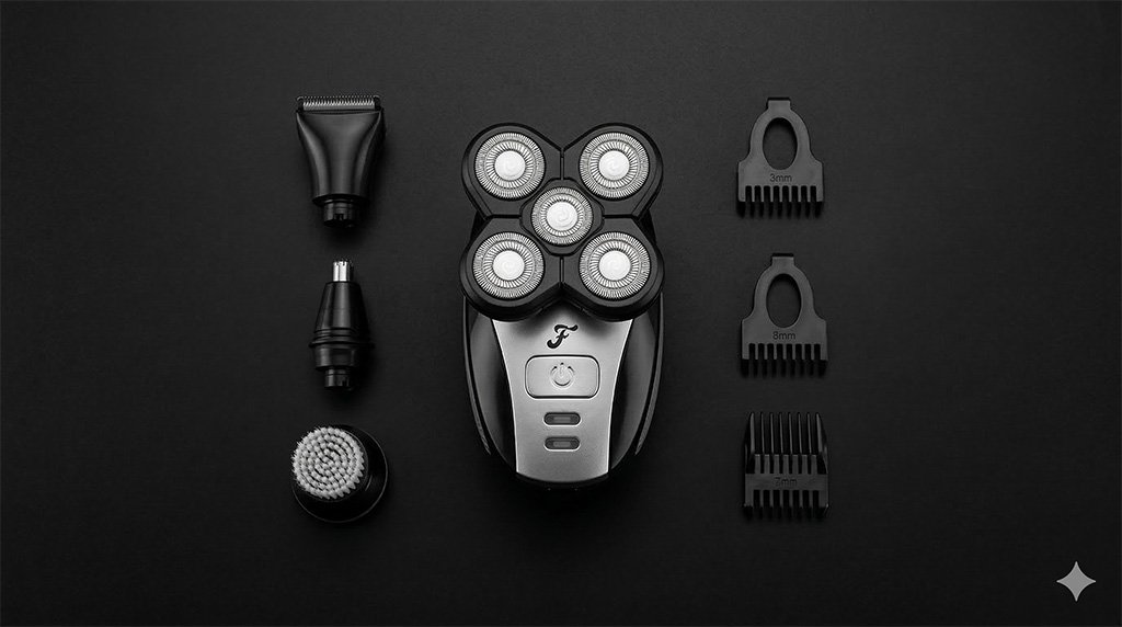 A flat lay of Freebird the FlexSeries Electric head shaver and all attachments